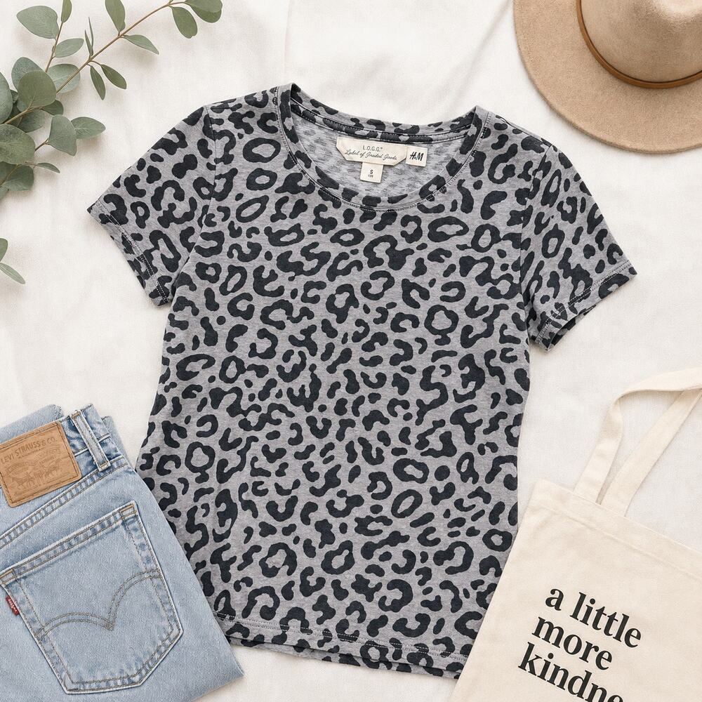 H&M Gray Black Leopard Print Tee Small Soft Cotton Animal Print Top